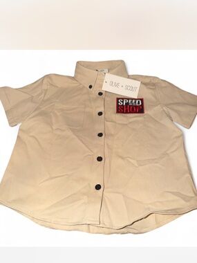 Olive + Scout Boys' Cream Button-Down Shirt with Speed Shop Patch